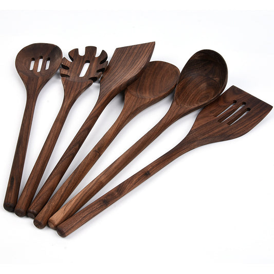 6-Piece Rustic Black Walnut Wooden Spoon Cooking Set